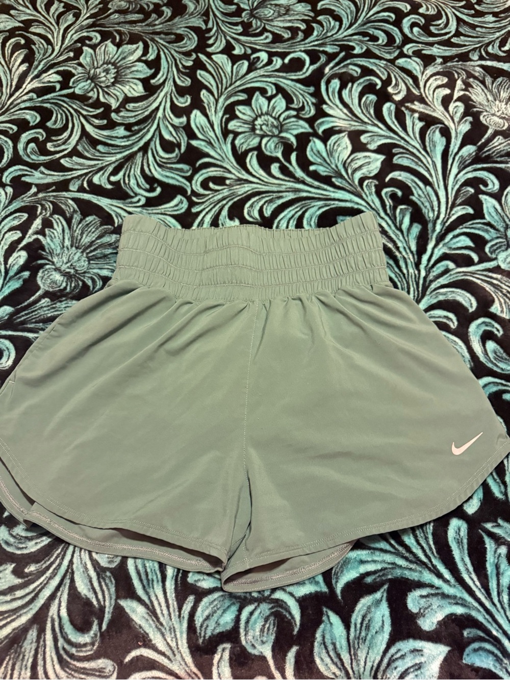 Nike Women's Athletic Shorts in Sage Green with Smocked Waist